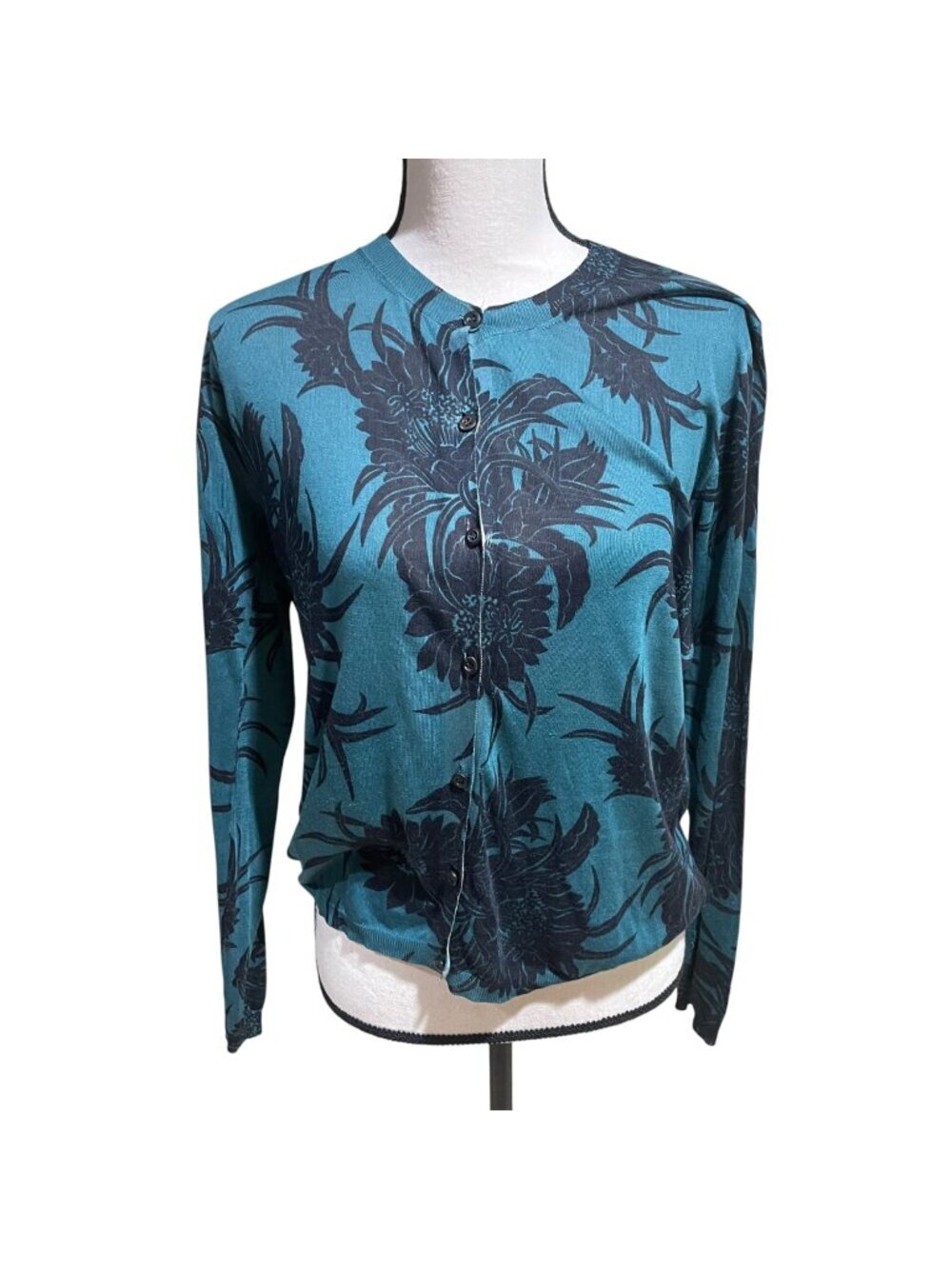 Prada teal & black silk floral cardigan
